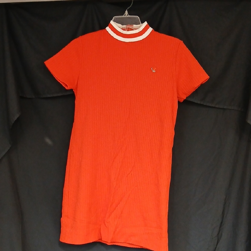 Vintage 1960's Orange Ribbed Shift Dress with White Trim
